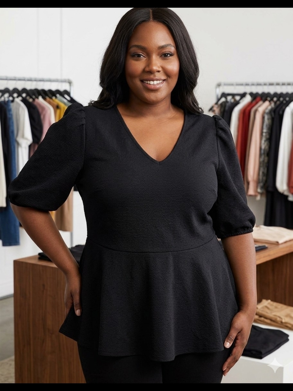 Ashley Stewart Black Peplum Top 14/16 New Without Tags